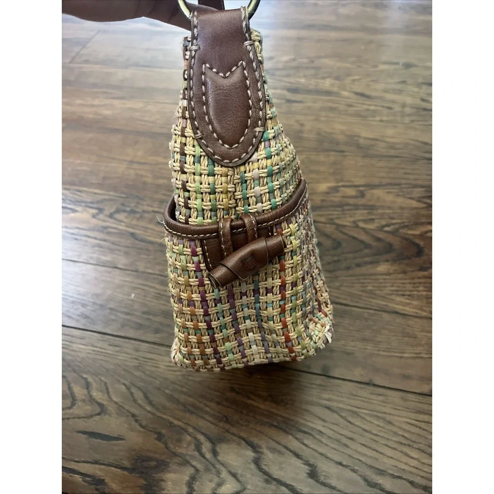 Fossil Straw Woven Hobo Bag Multicolor Leather Trim Summer Boho Purse